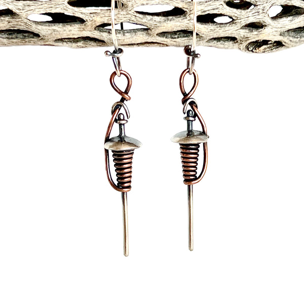 Reserved Listing - Top Whorl - Drop Spindle Earrings - Sterling and Copper