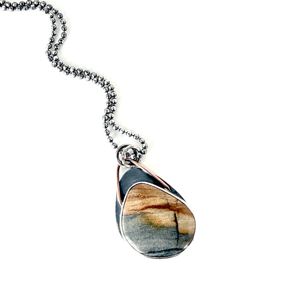 Specimen Beach Stone - Jasper - Cabochon Pendant - Sterling and Copper - Necklace