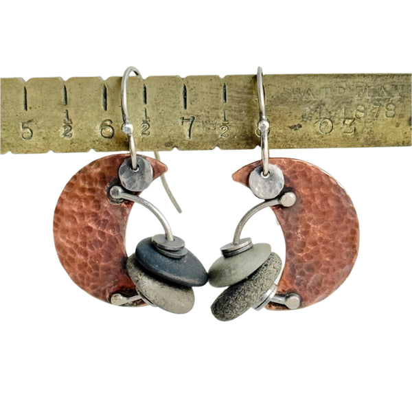 Waxing Moon - Sterling Silver and Copper - Beach Stone Earrings