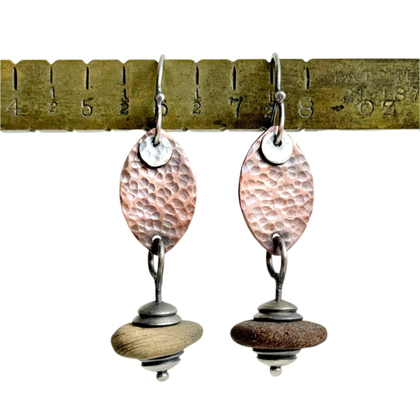 Lens Dangles - Sterling and Copper Beach Stone Earrings