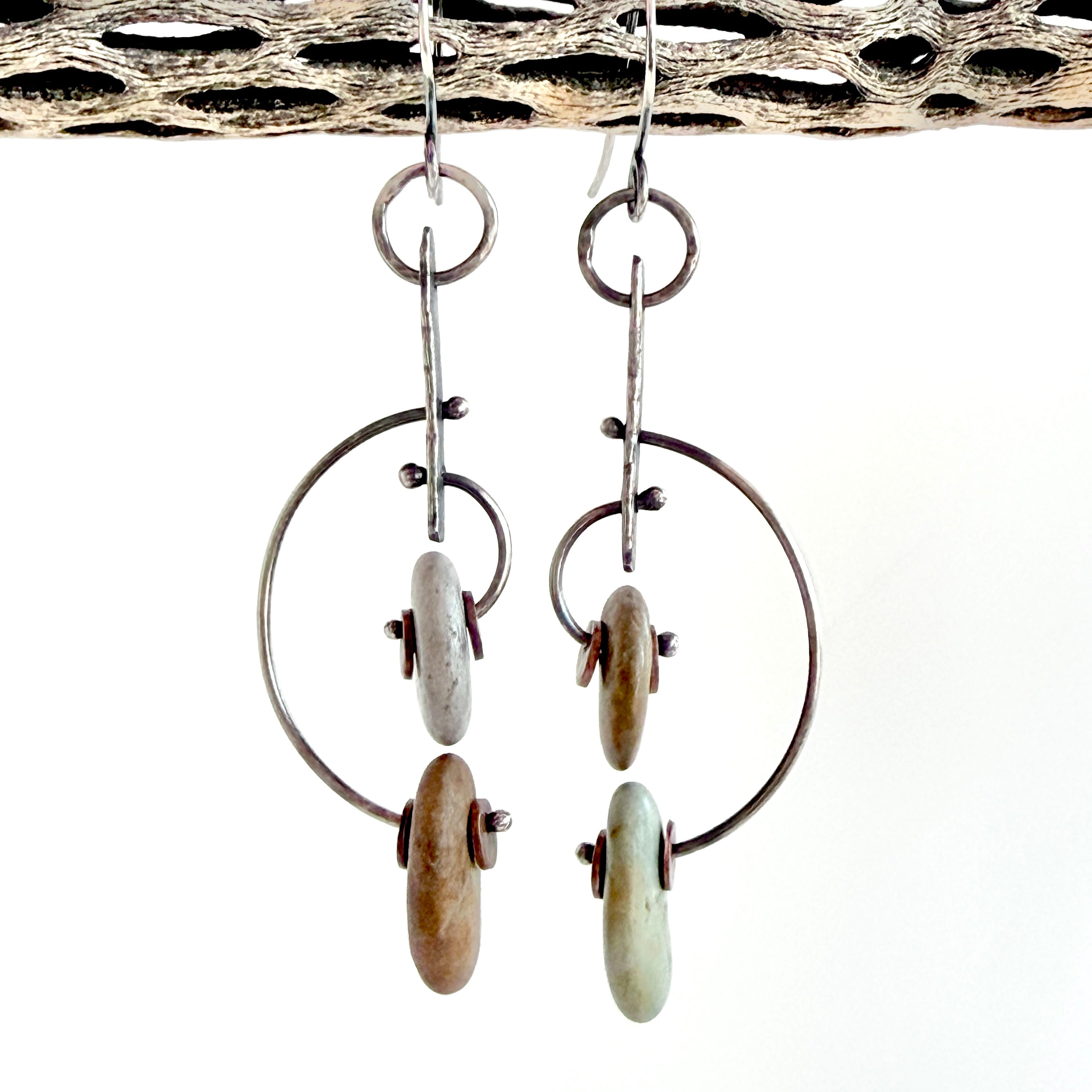 Modernist Style Hoop Earrings - Sterling Silver and Copper Beach Stones