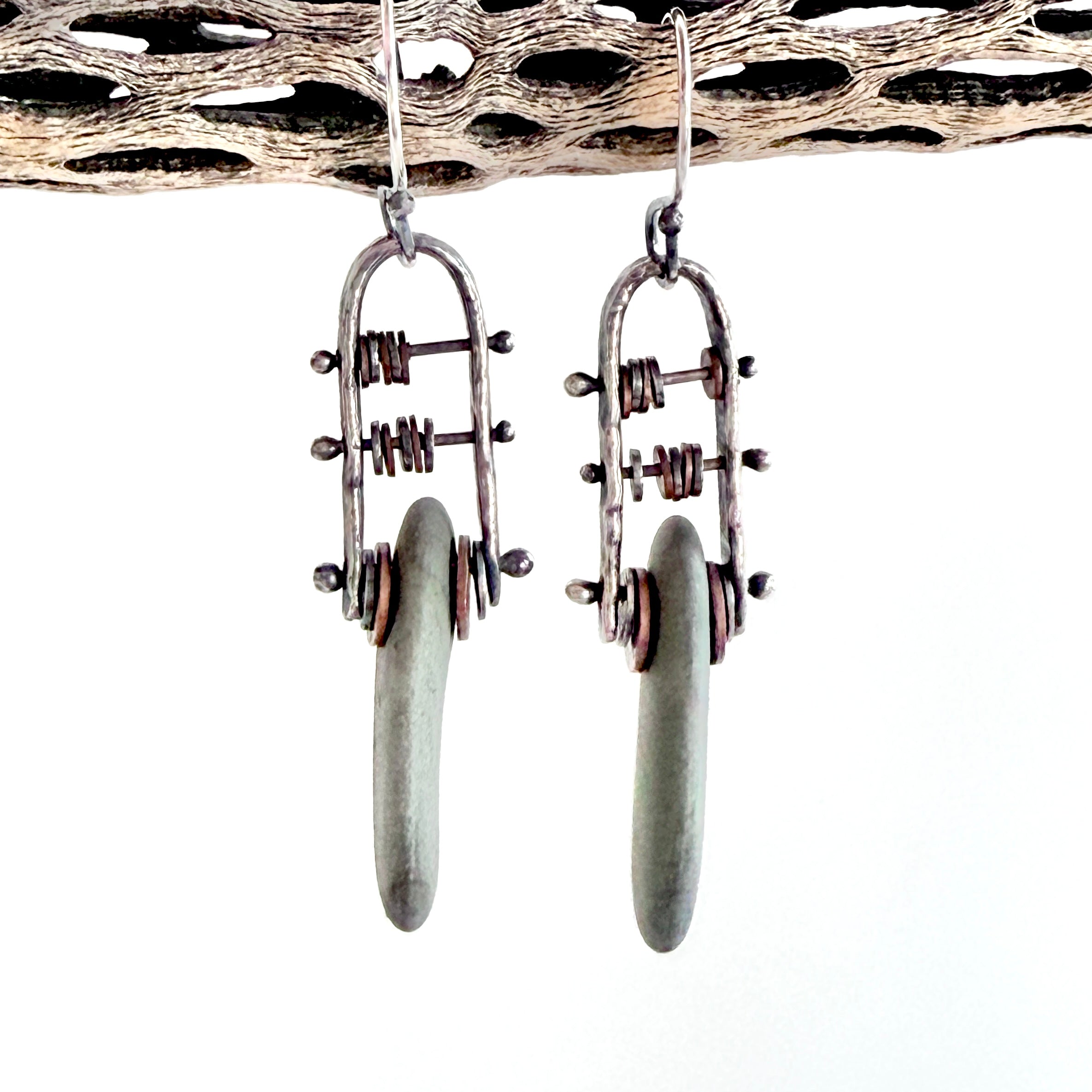 Abacus Geometric Hoop Earrings - Sterling Silver - Copper - Beach Stones