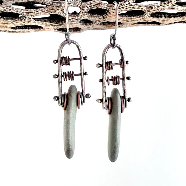 Abacus Geometric Hoop Earrings - Sterling Silver - Copper - Beach Stones