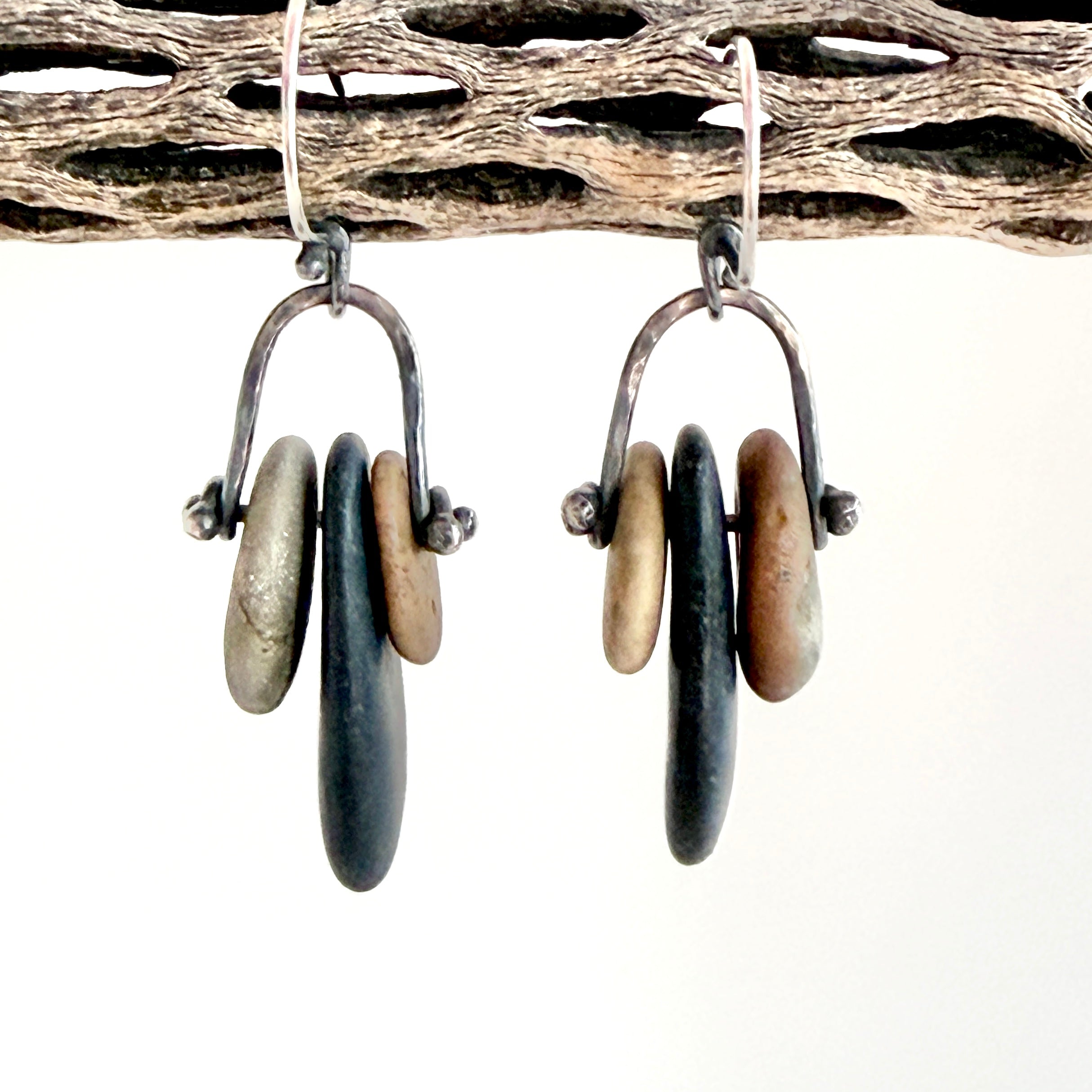 Trapeze Hoop Sterling Silver - Beach Stone Earrings