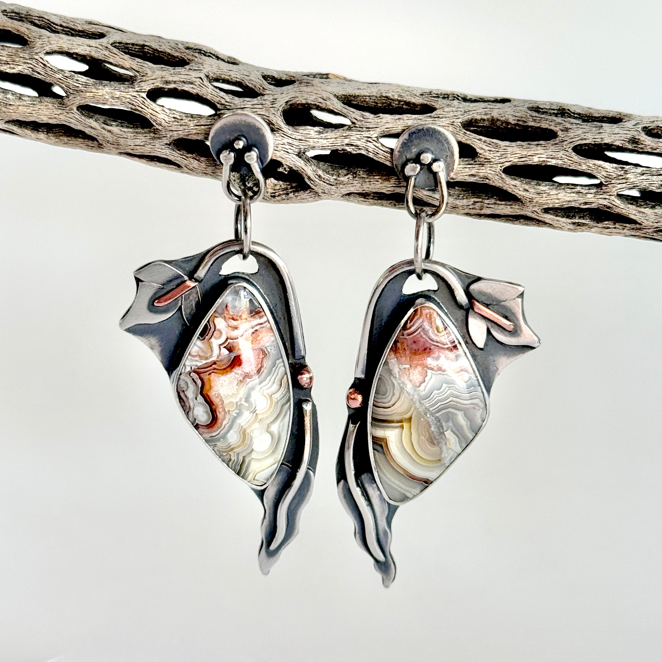 Calla Lily Earrings - Art Nouveau Inspired Sterling and Copper Agate Earrings