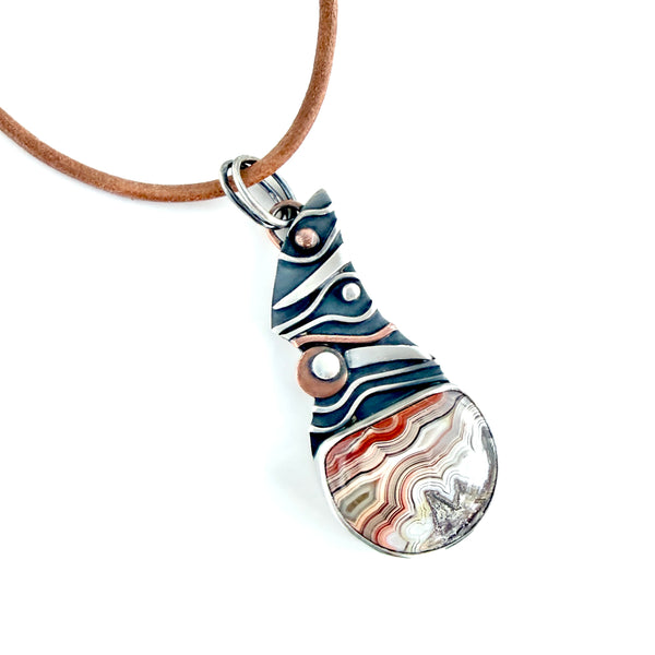 Crazy Lace Agate - Sterling and Copper Pendant, Leather Necklace