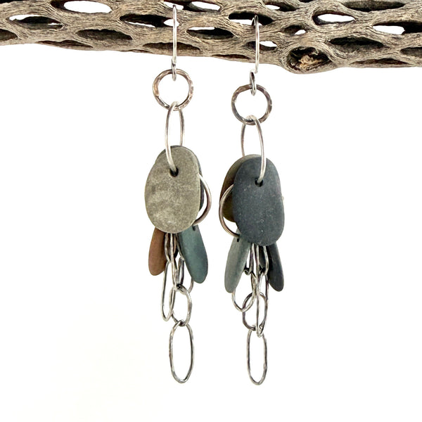 Silk Tassels - Sterling Silver Beach Stone Hoop - Dangle Earrings