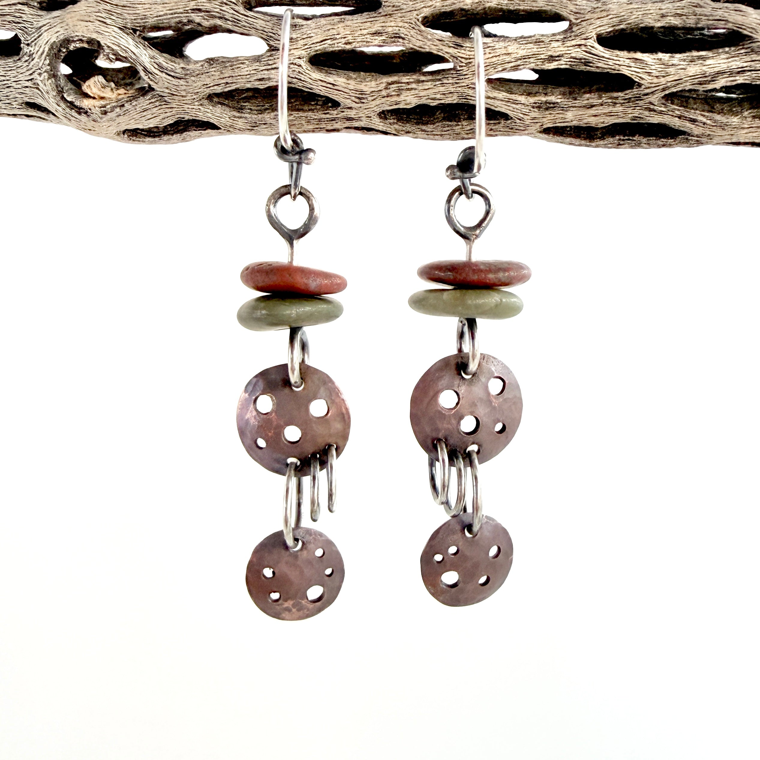 Modernist Copper Double Orbs - Sterling Silver Hoops - Beach Stone Earrings