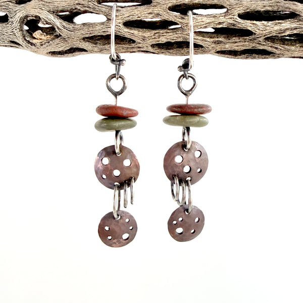 Modernist Copper Double Orbs - Sterling Silver Hoops - Beach Stone Earrings