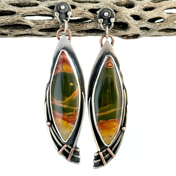 Reserved Listing - Victorian Era Iron Work Inspired - Sterling Silver and Copper - Cherry Creek Jasper Earrings