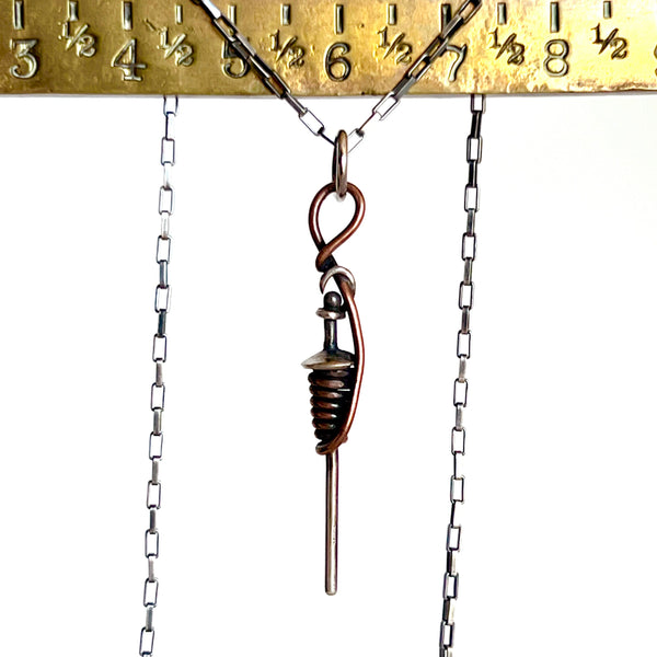 Top Whorl - Drop Spindle Pendant and Necklace - Sterling and Copper