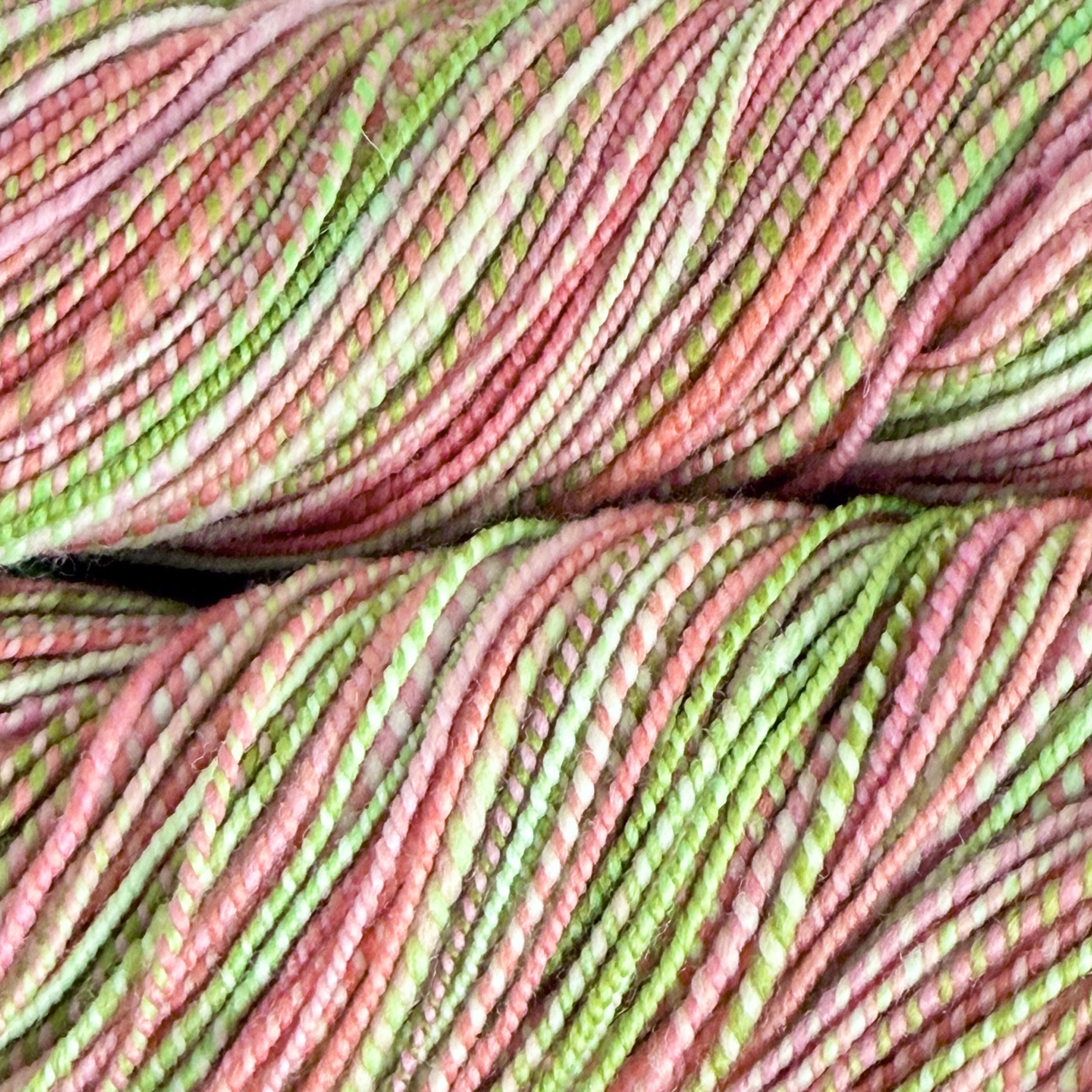 Georgia Pink and Green - Hand Dyed and Handspun Yarn - Super Fine Wool - 2ply - 286 yards