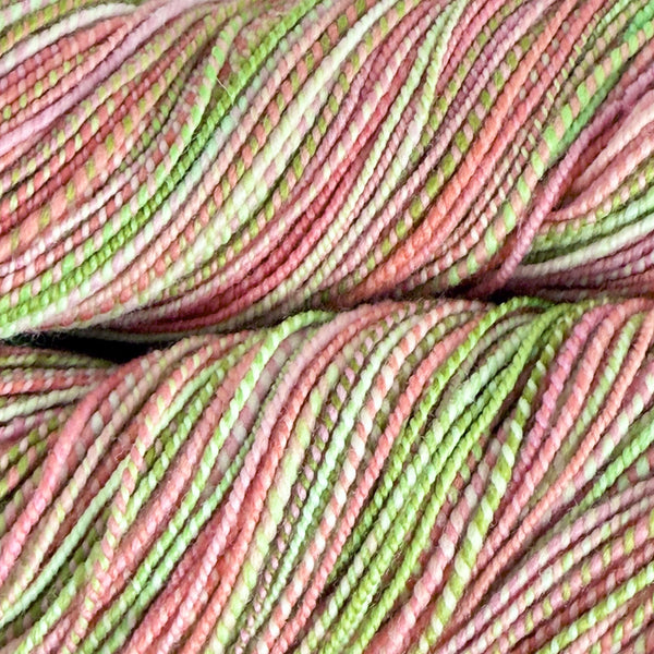 Georgia Pink and Green - Hand Dyed and Handspun Yarn - Super Fine Wool - 2ply - 286 yards