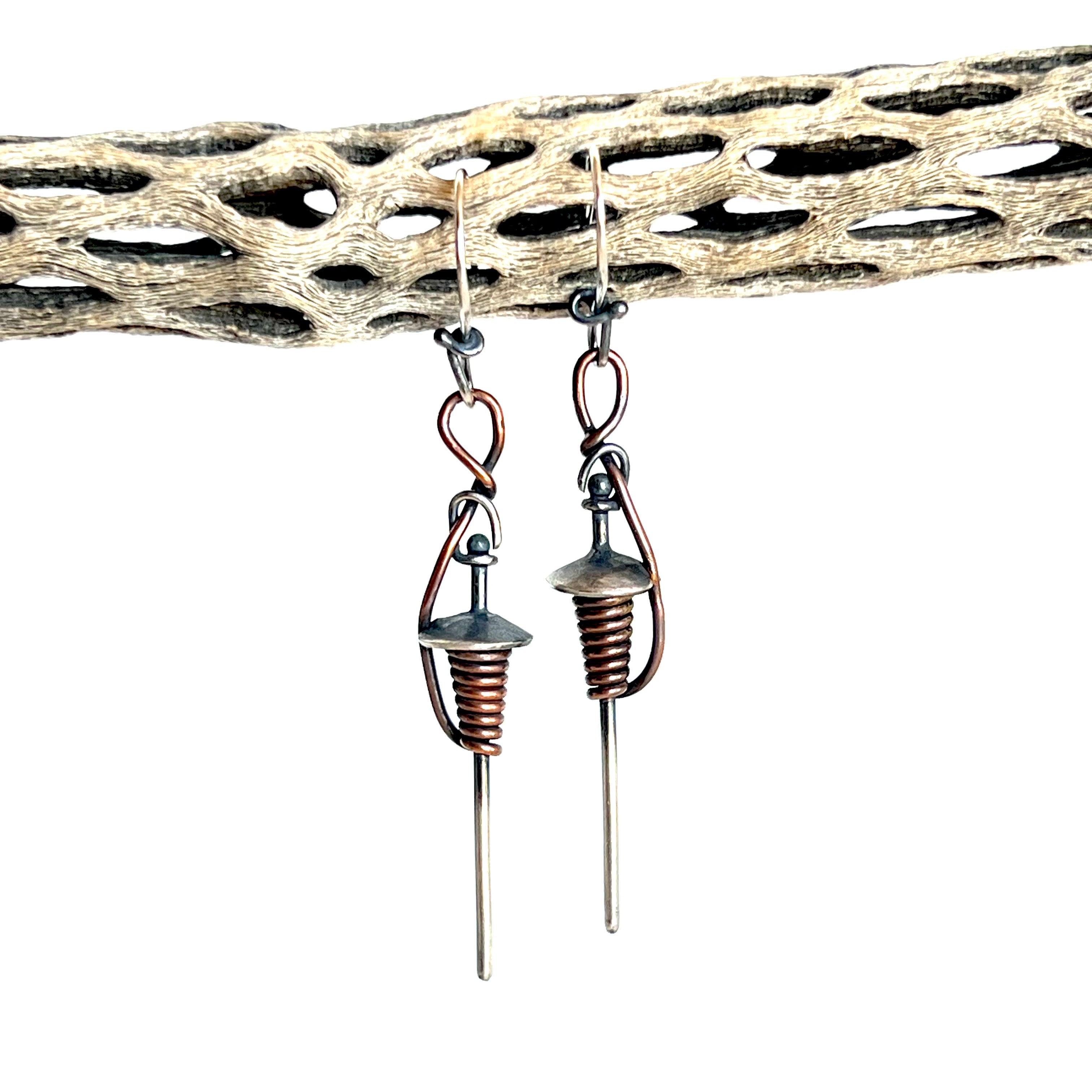 Top Whorl - Drop Spindle Earrings - Sterling and Copper