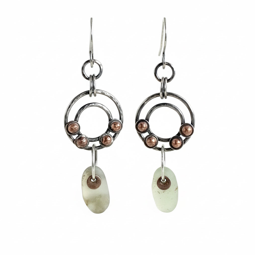 Concentric Hoops - Sterling and Copper Granules - Beach Stone Earrings