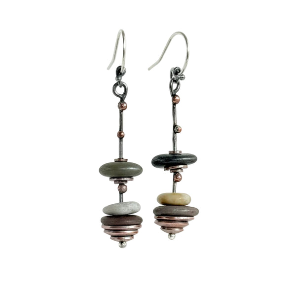 Graduated Columns - Sterling and Copper Beach Stone Dangle Earrings