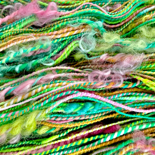 Celosia - Handspun and Hand Dyed Yarn - Shaniko Wool, BFL, and Mohair Locks, Fiber Batt Bits- 2ply - Coils - 228 yards