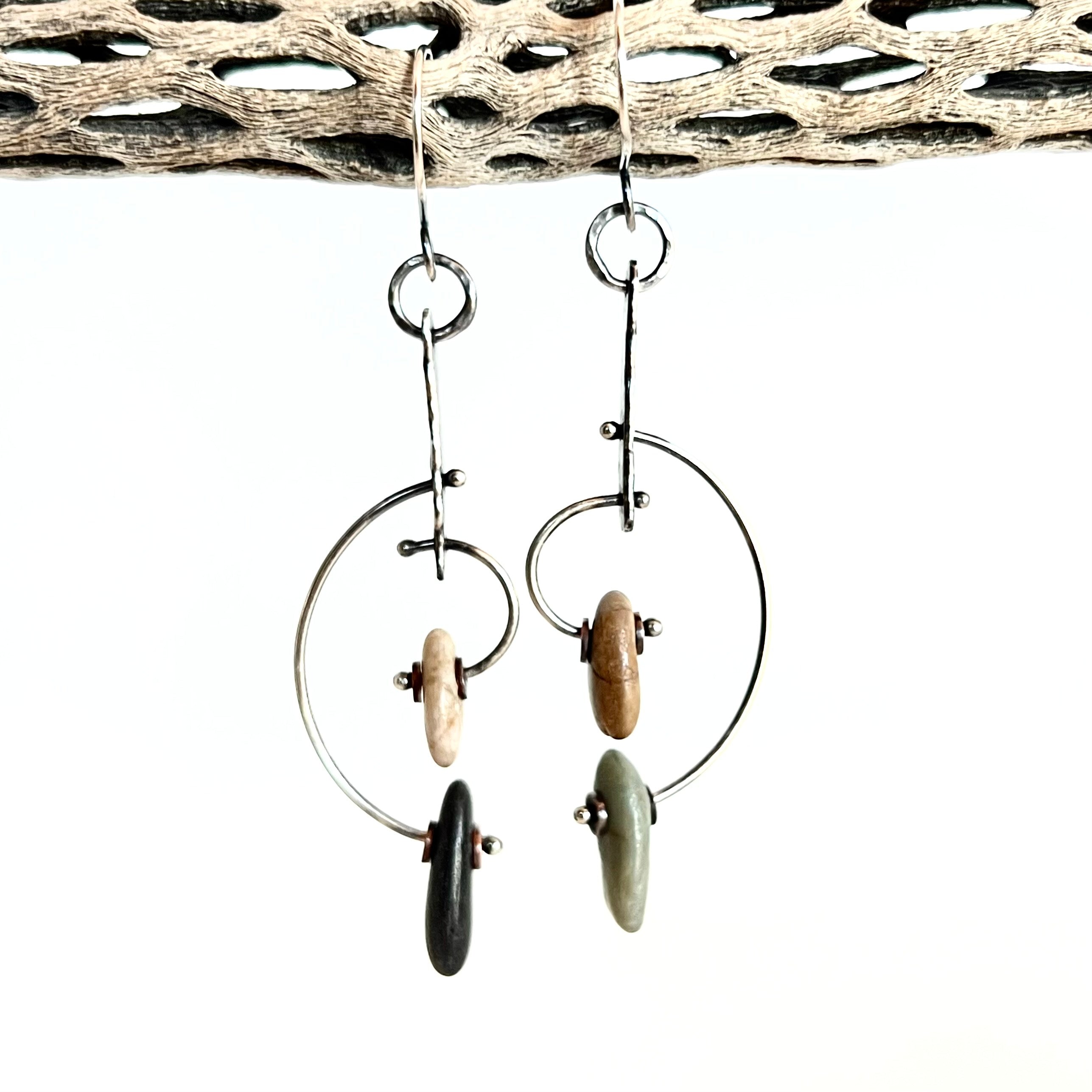 Modernist Style Hoop - Sterling Silver and Copper - Beach Stone Earrings #1