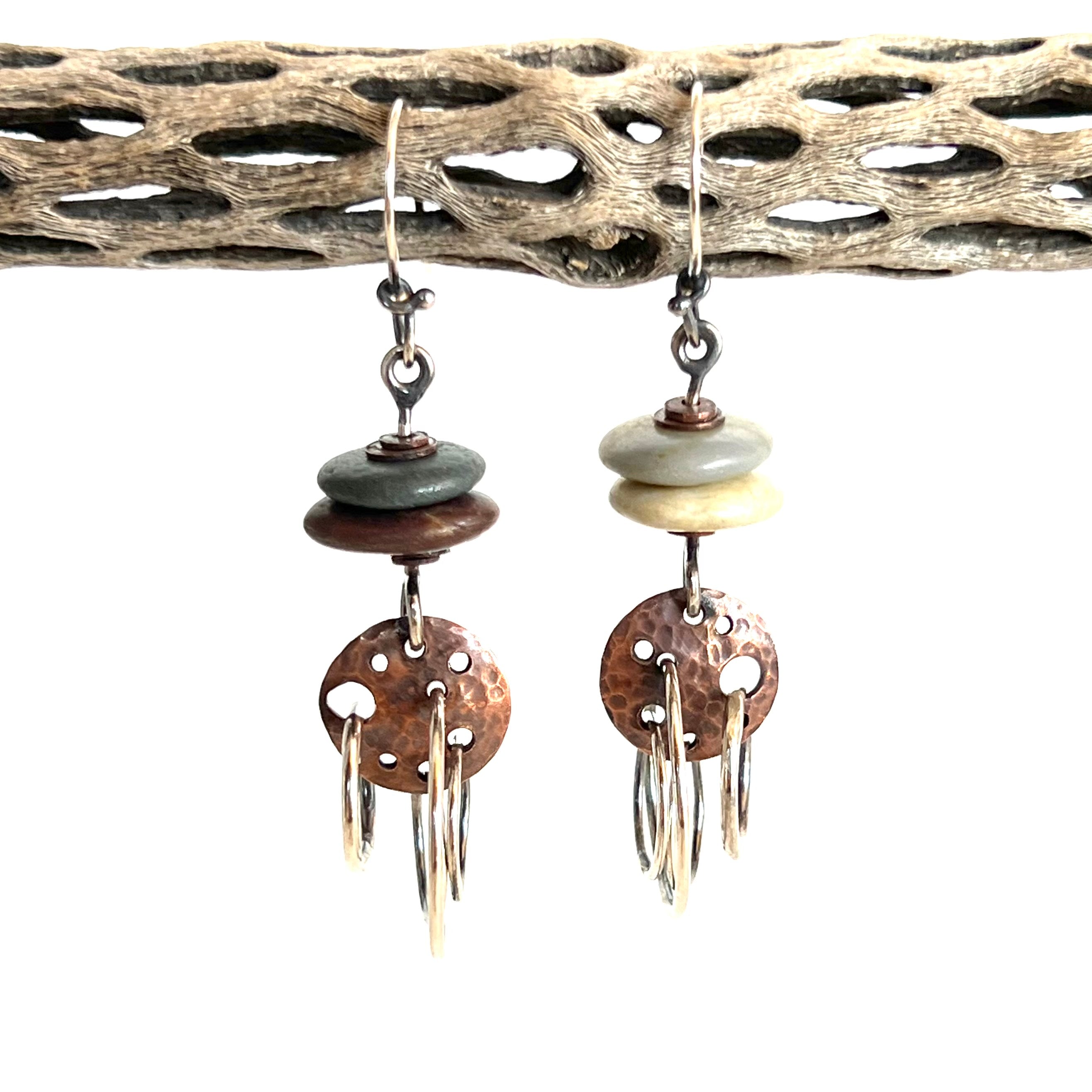 Modernist Copper Orbs - Sterling Silver Hoops - Beach Stone Earrings