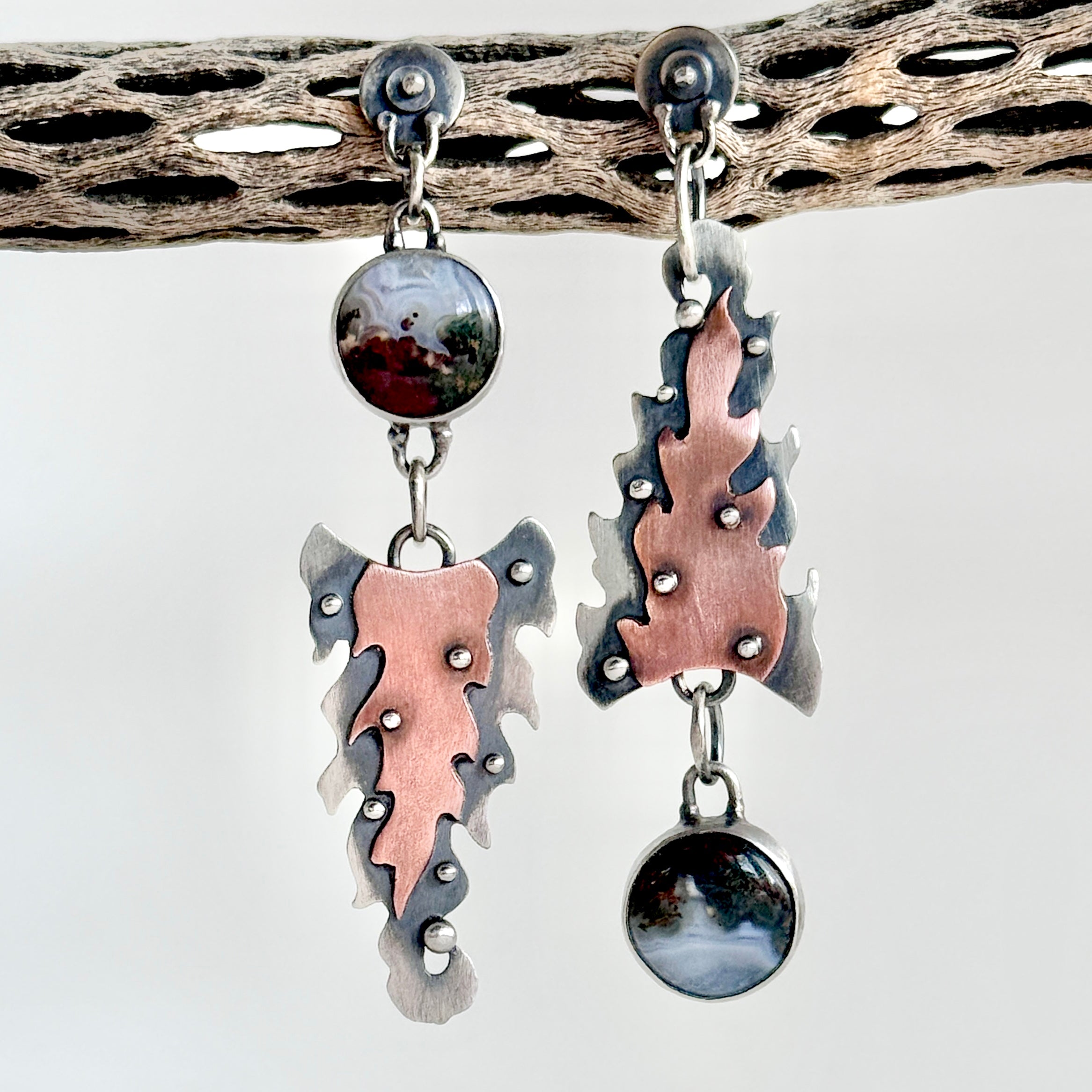 Planetary Series VIII - #6 - Moss Agate- Sterling and Copper - Comets - Earrings