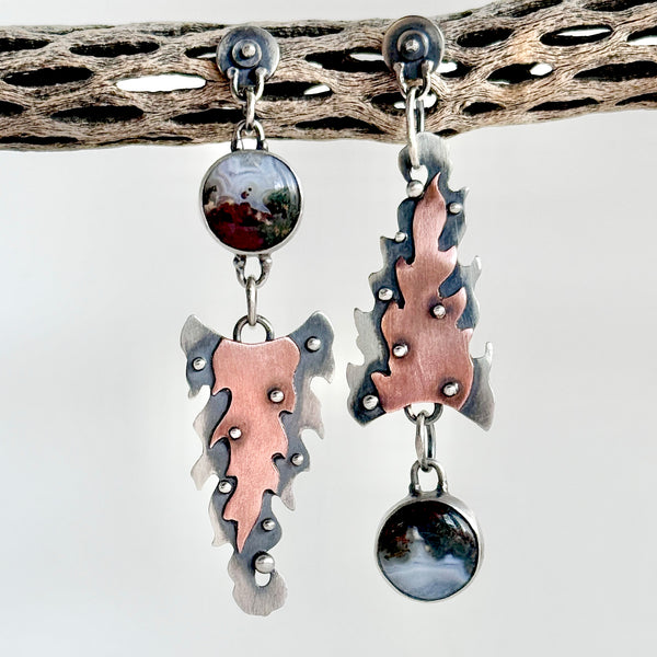 Planetary Series VIII - #6 - Moss Agate- Sterling and Copper - Comets - Earrings