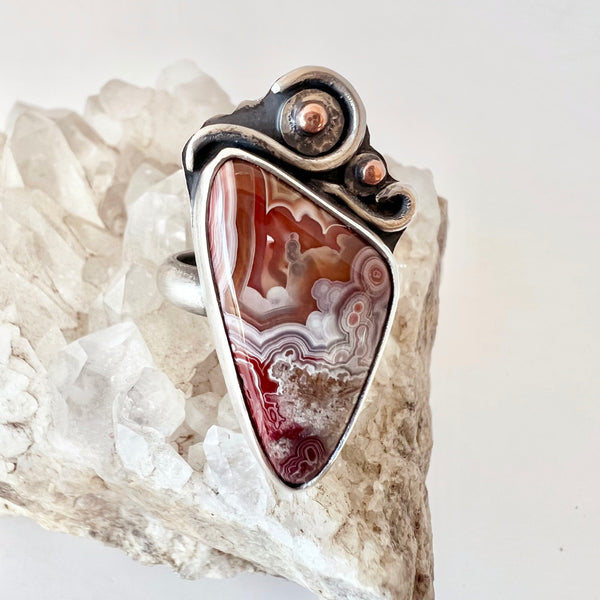 Crazy Lace Agate - Art Nouveau Inspired Sterling Ring - US Size 8