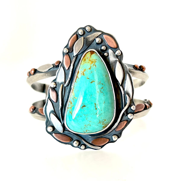 Kingman Turquoise - Sterling Silver and Copper Botanical Bracelet Cuff