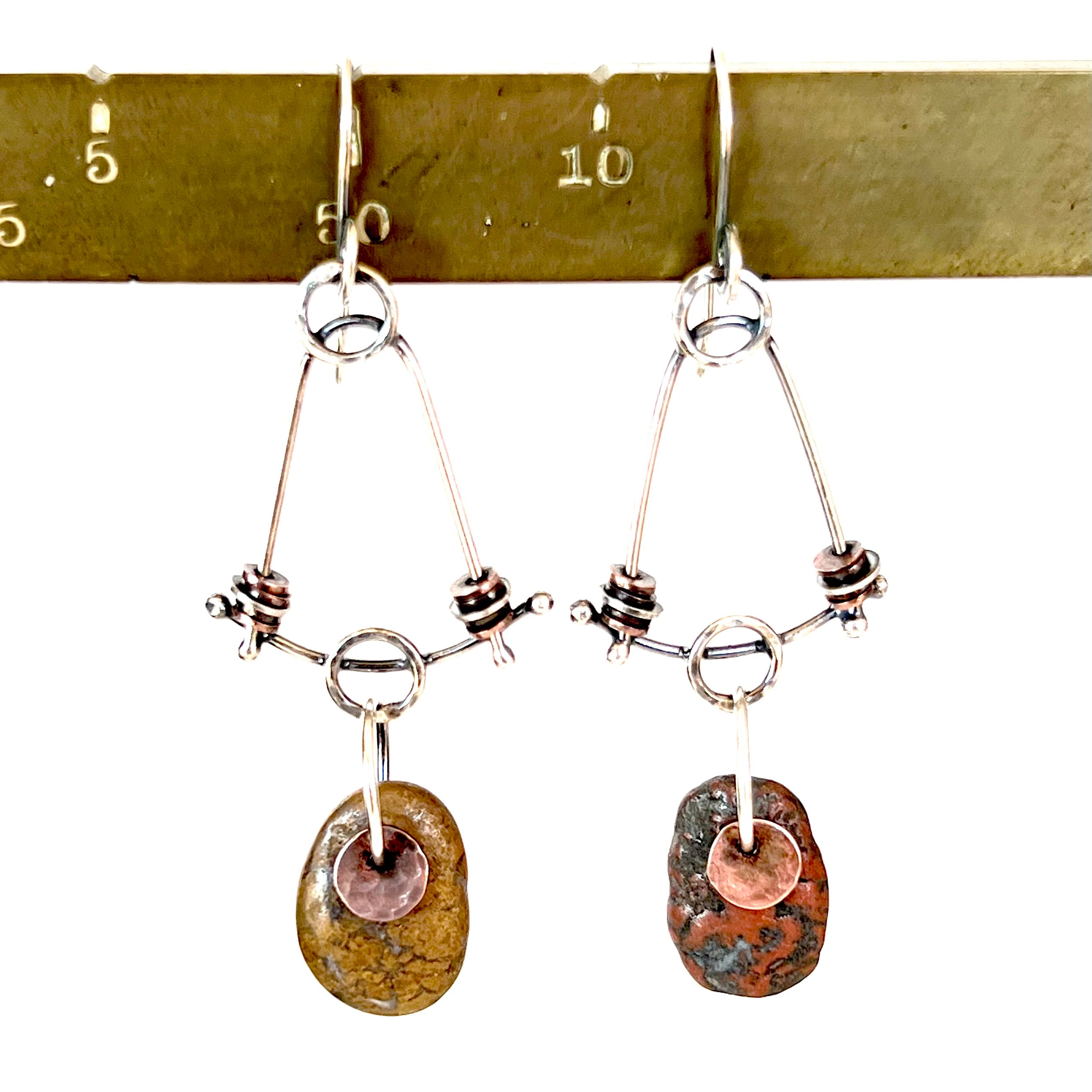Trapeze Hoops - Single Beach Stone Copper and Sterling Silver Earrings