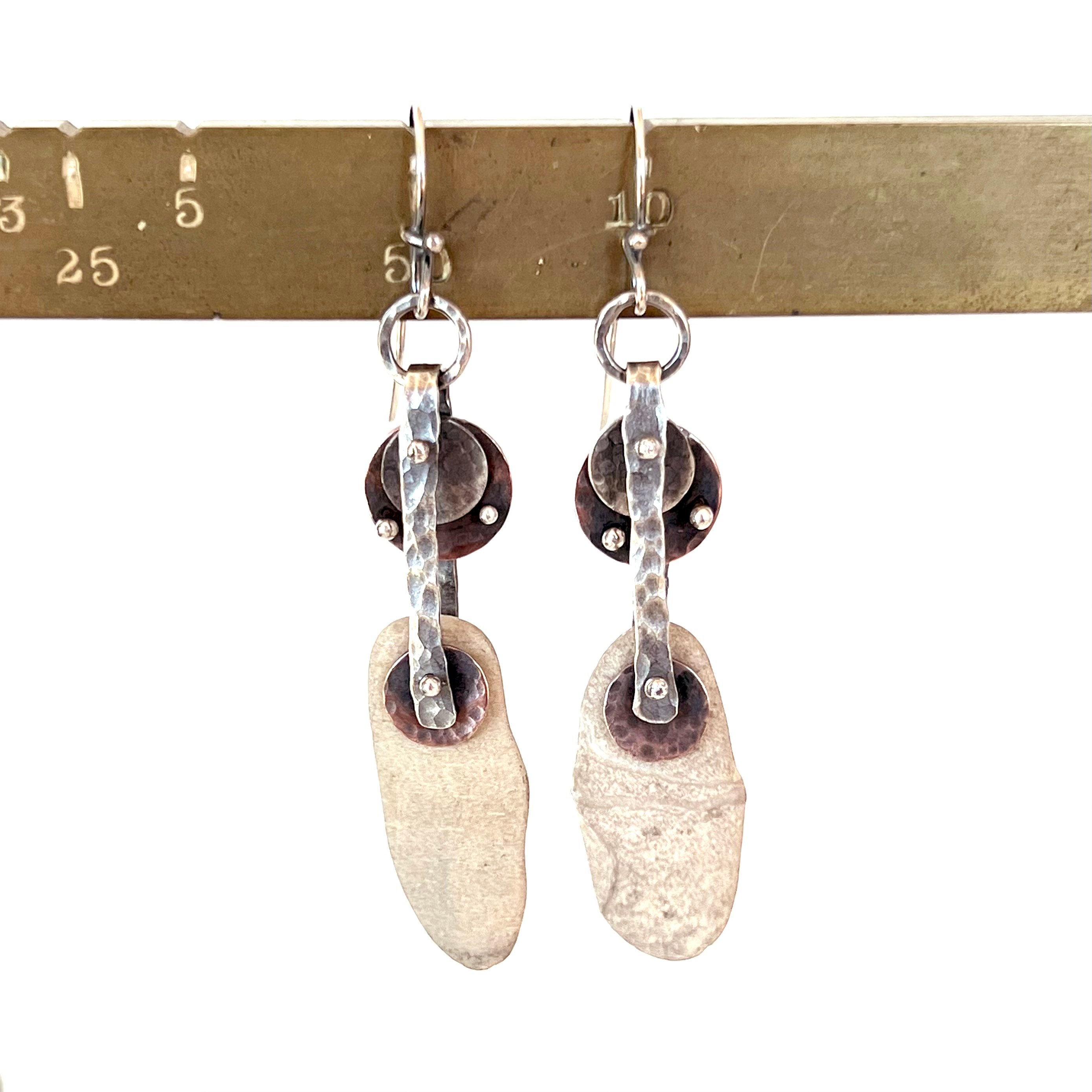 Riveted Geometric Hoop Earrings - Sterling Silver - Copper - Beach Stones