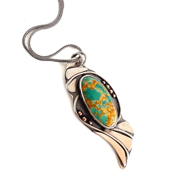 Kingman Turquoise - Art Nouveau Inspired - Botanical - Sterling and Copper Pendant, Necklace